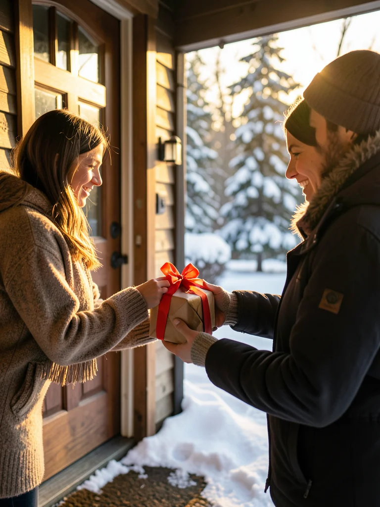 Person handing wrapped gift to another, doorway, snowy porch, warm smile