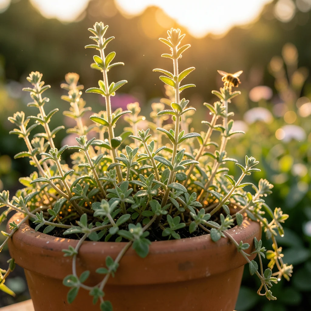 Thyme creeping over the edge of a terracotta pot, small leaves in pairs along wo