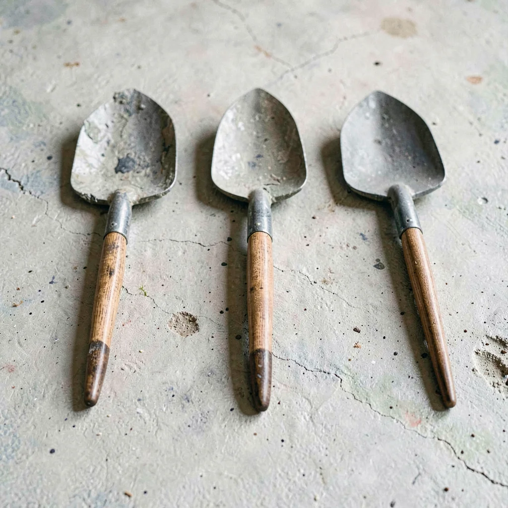 Sculptural lineup of five garden tools in graduated sizes laid on chalky concret