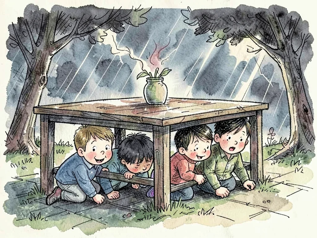 Children hiding under table in storm