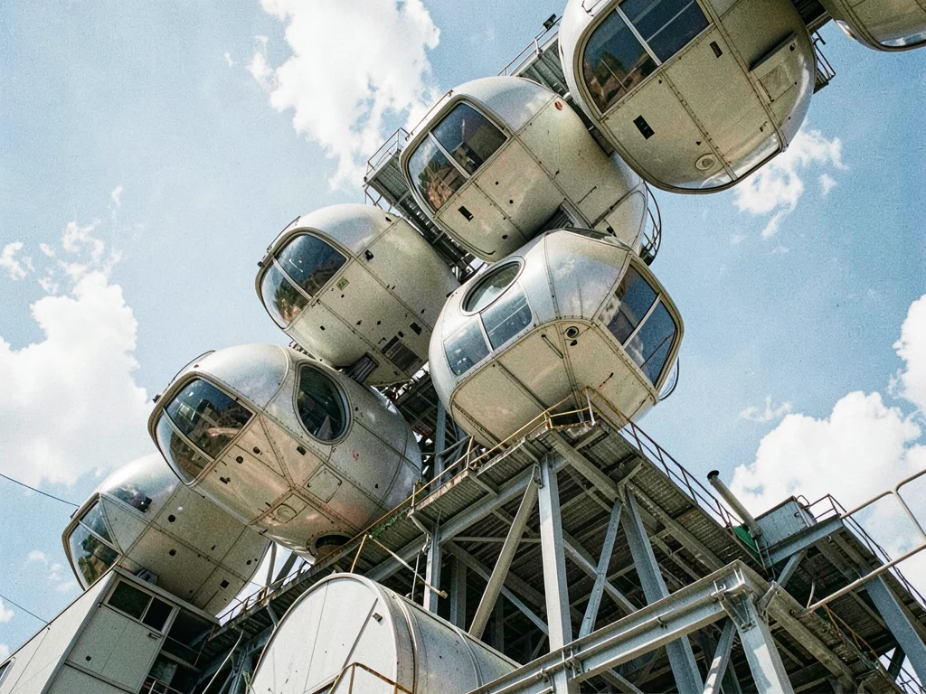 Diagonal view of capsule stacking, pods cantilevered at alternating angles, sky 