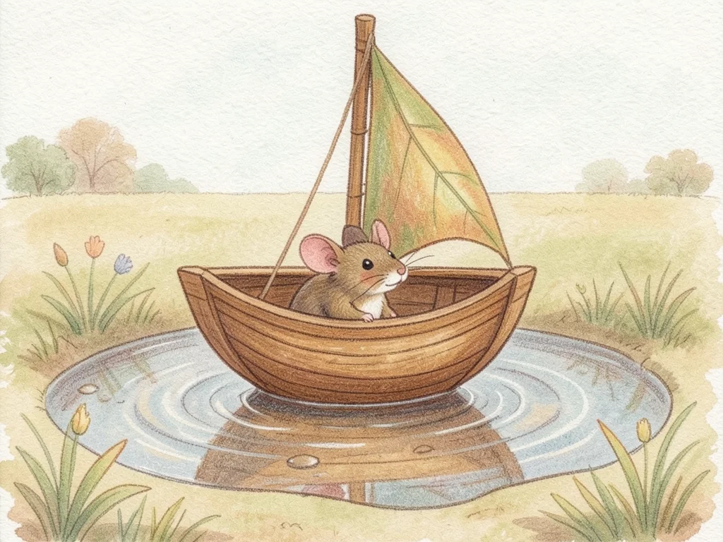 A tiny mouse steering a boat made from a walnut shell across a puddle, leaf as a
