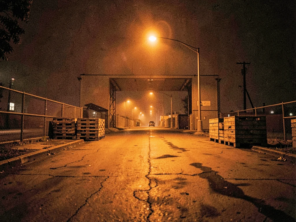 Loading dock with orange industrial lighting, empty pallets, night shift absence