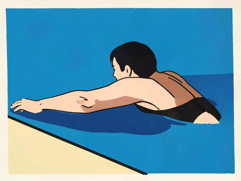 Swimmer at pool edge, arm reaching forward, water as flat blue rectangle