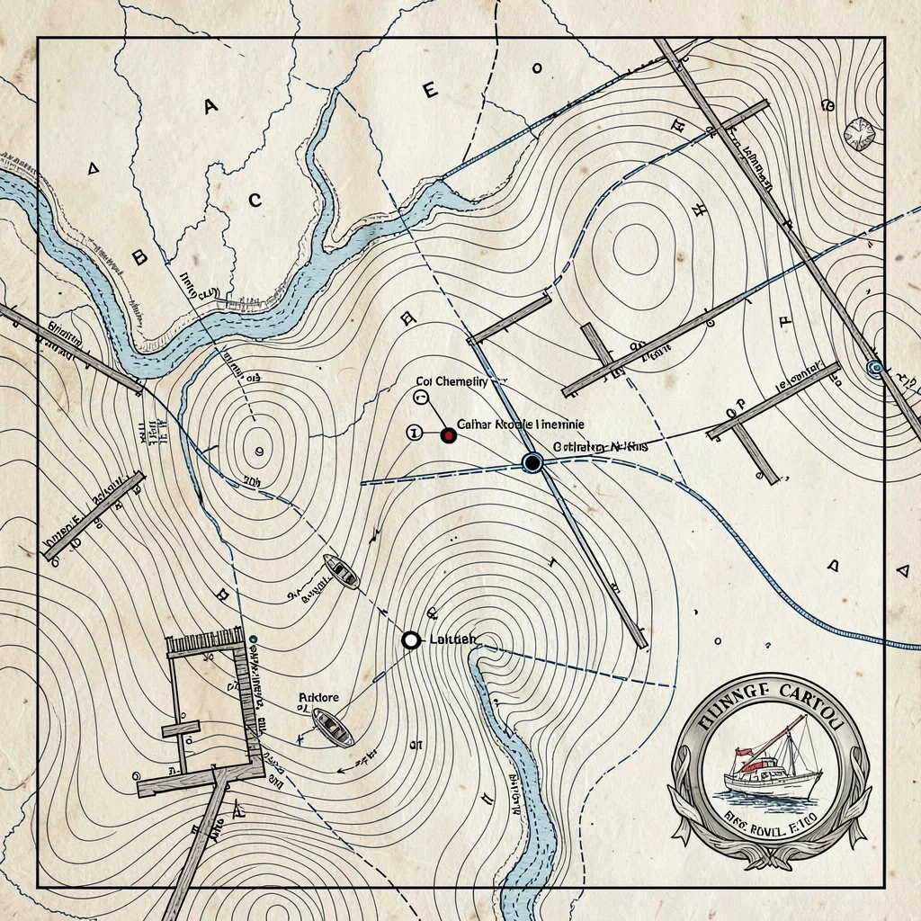 A nautical inland-lake fishing chart with depth contours, fishing-spot markers, 