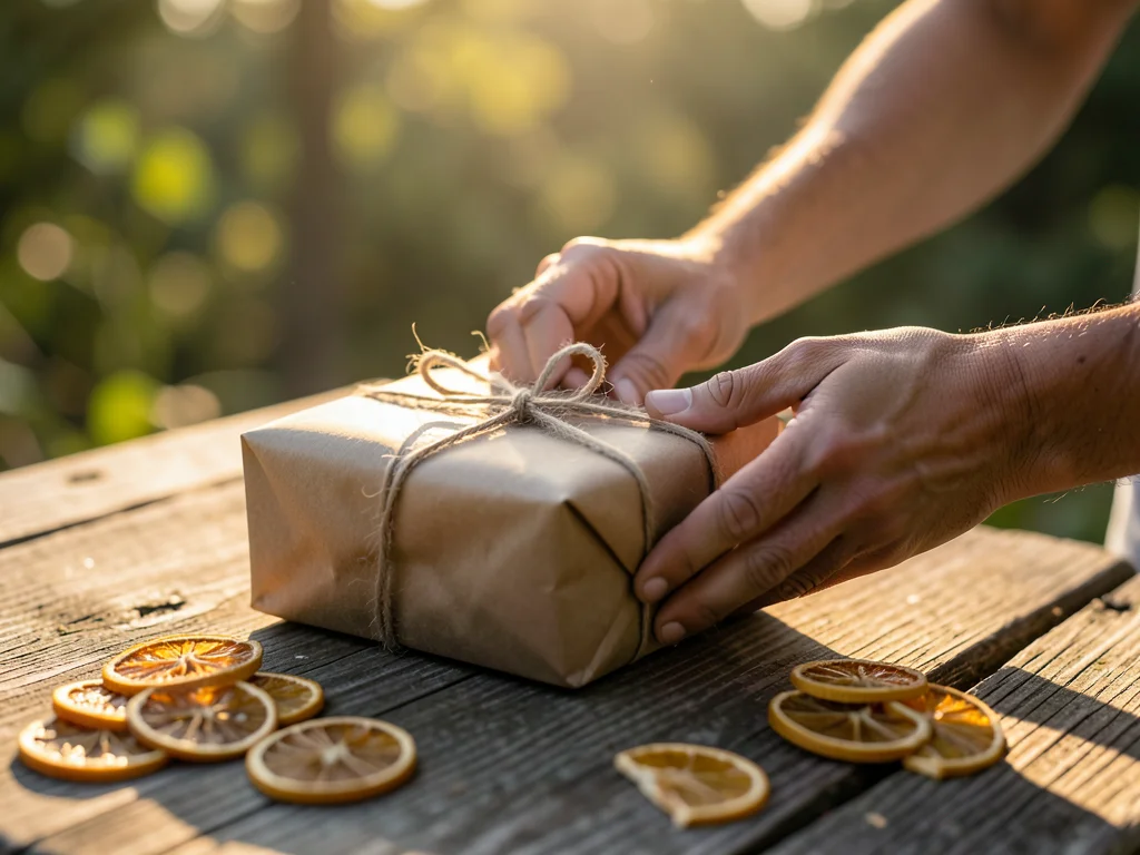 Hands wrapping gift in brown paper with twine and dried orange slices, table