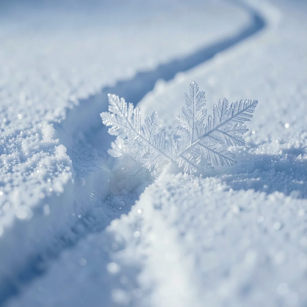 Snow study of a single ski track curving across a fresh-powder field, soft blue 