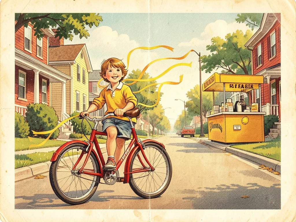 A child on a red bicycle with streamers, suburban street with matching houses re