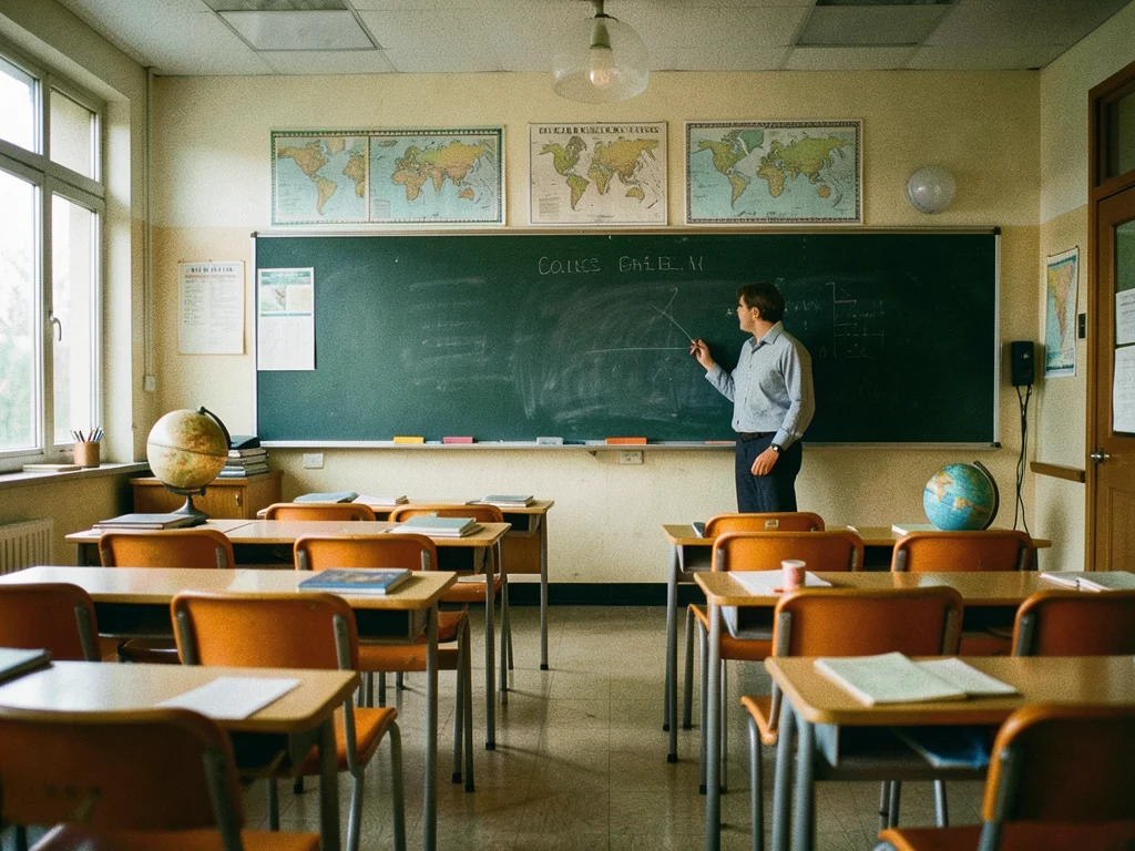 A 1970s classroom: orange chairs, a teacher at the blackboard, maps on the wall,