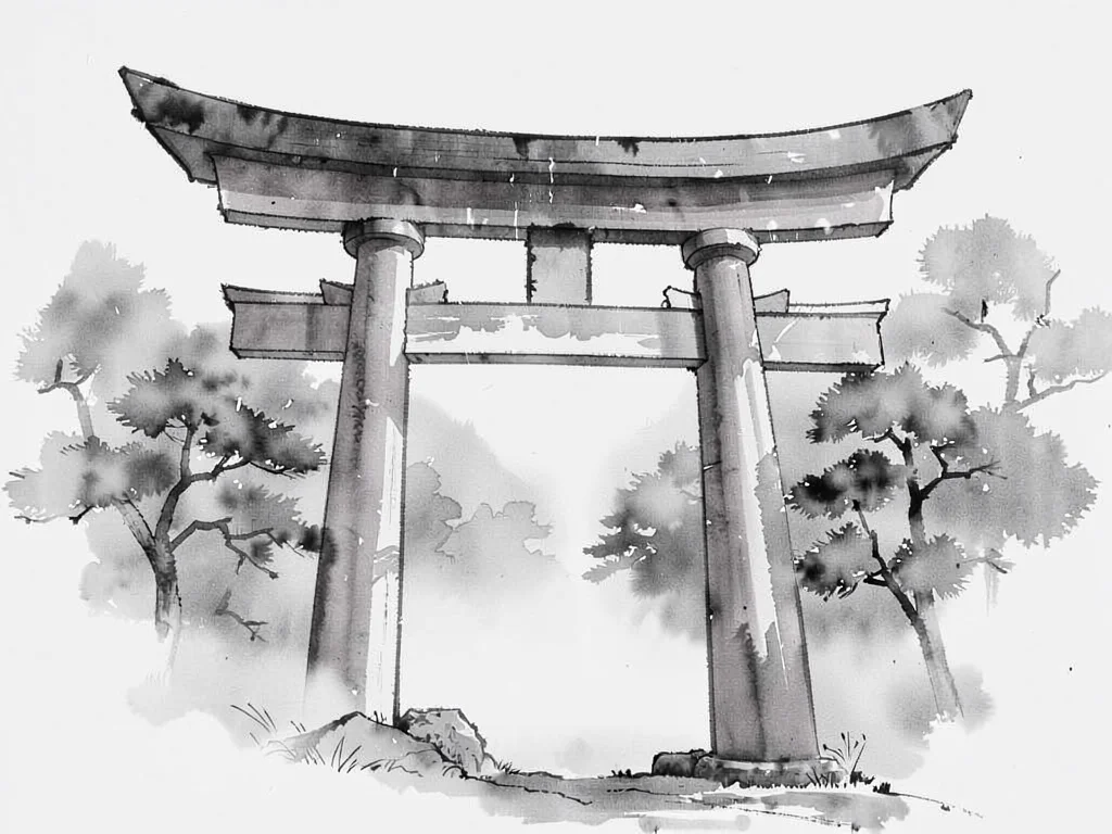 Torii gate emerging from fog suggestion
