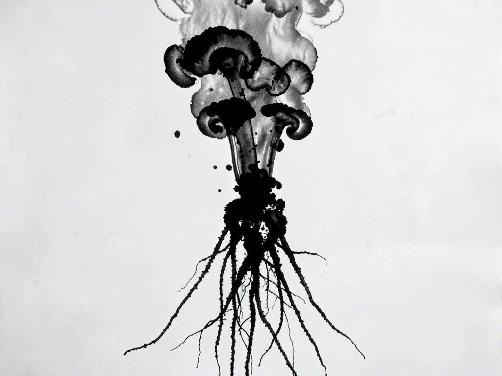 Ink tendrils reaching downward like roots