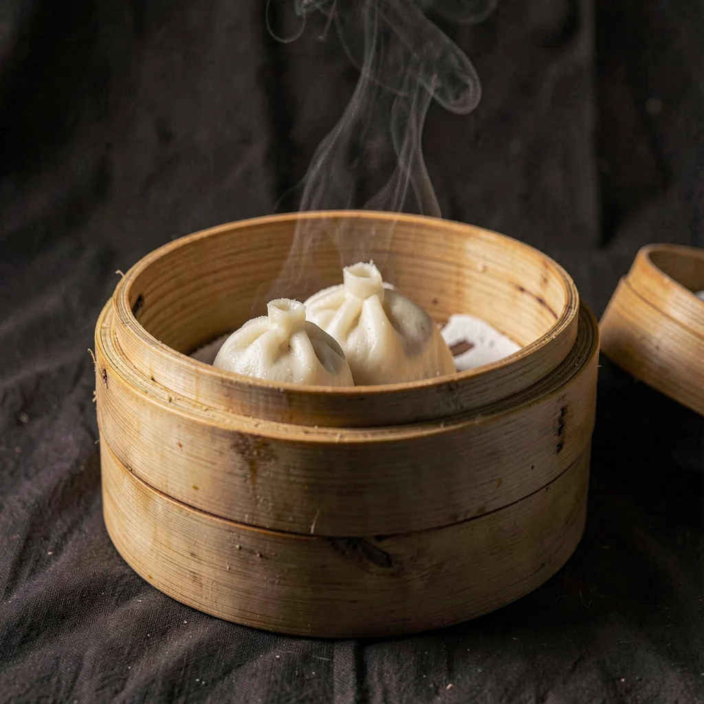 Warm still life of a bamboo steamer holding small parcels of tofu skin (yuba), w
