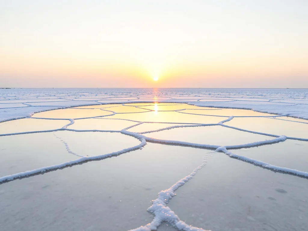 Salt flat at dawn — the first light striking a thin water layer and turning ever