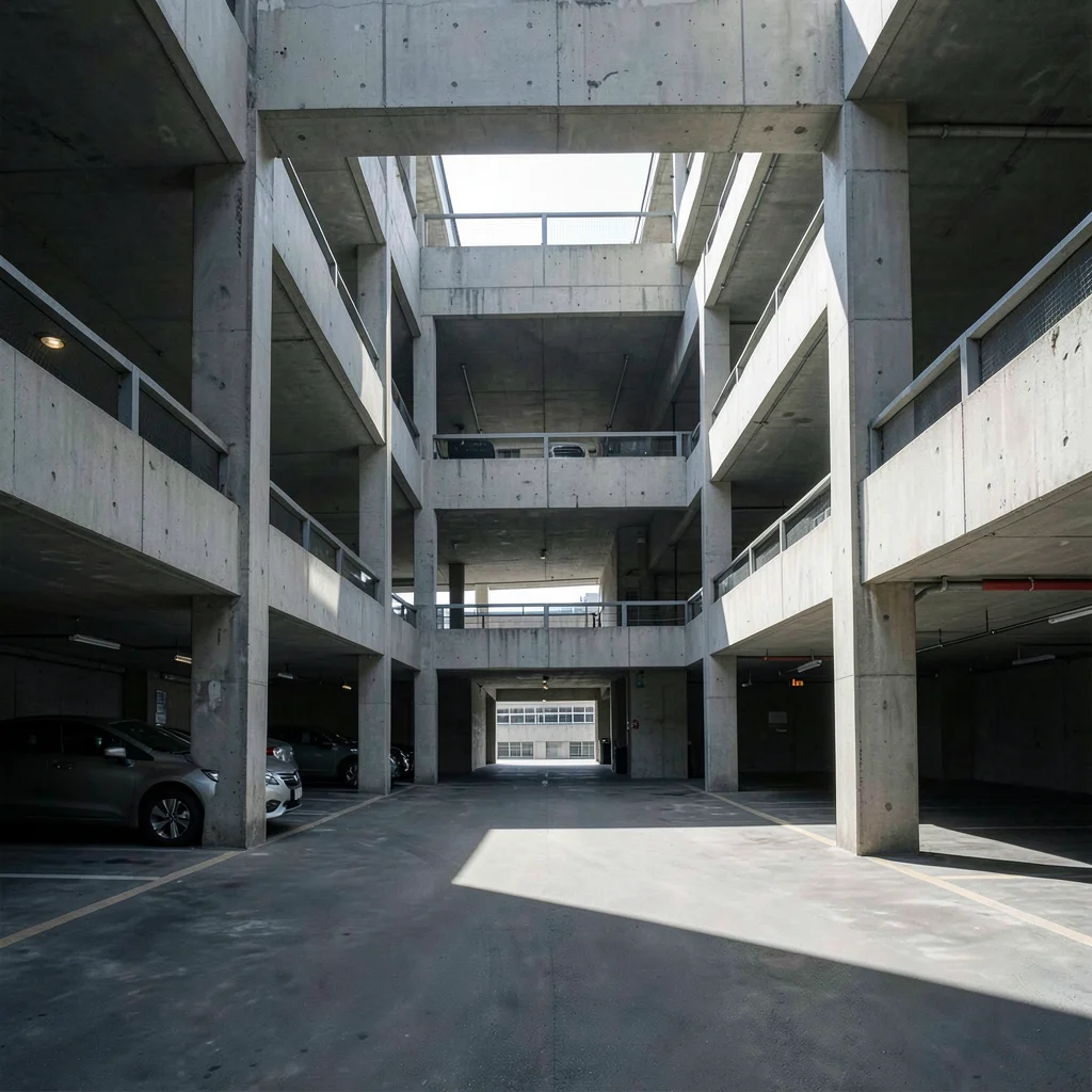Multiple levels visible through central void of parking structure