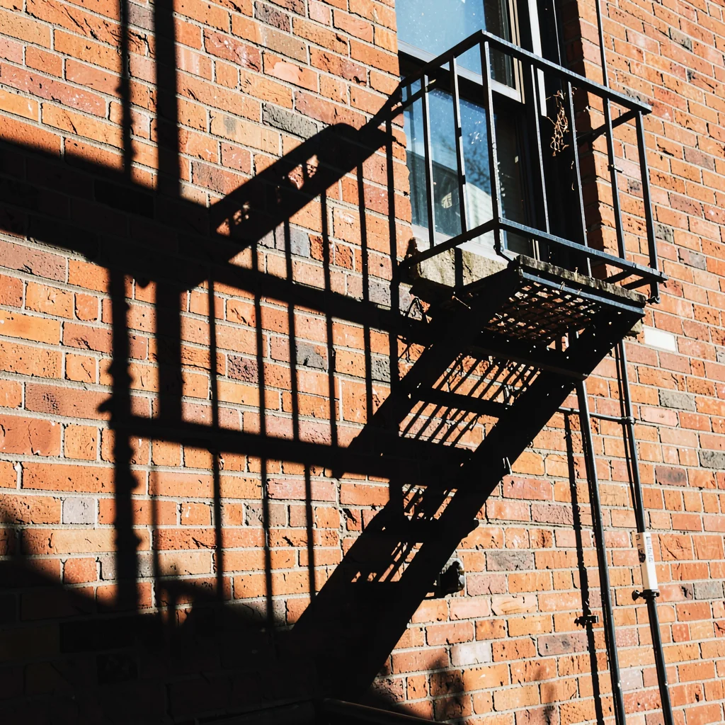 Shadow of fire escape falling across brick wall, geometry casting geometry
