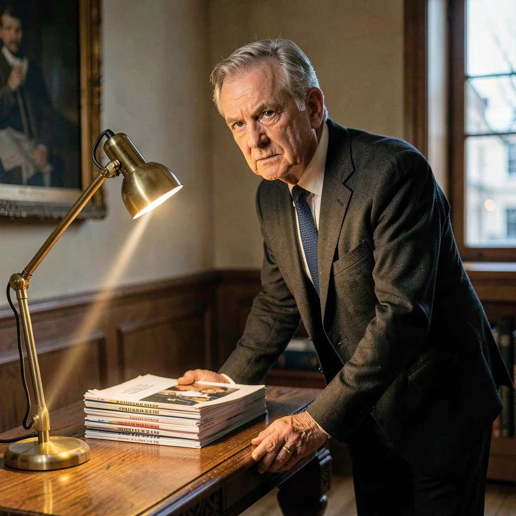 Lamplit portrait of a museum director leaning over a stack of catalogues, brass 