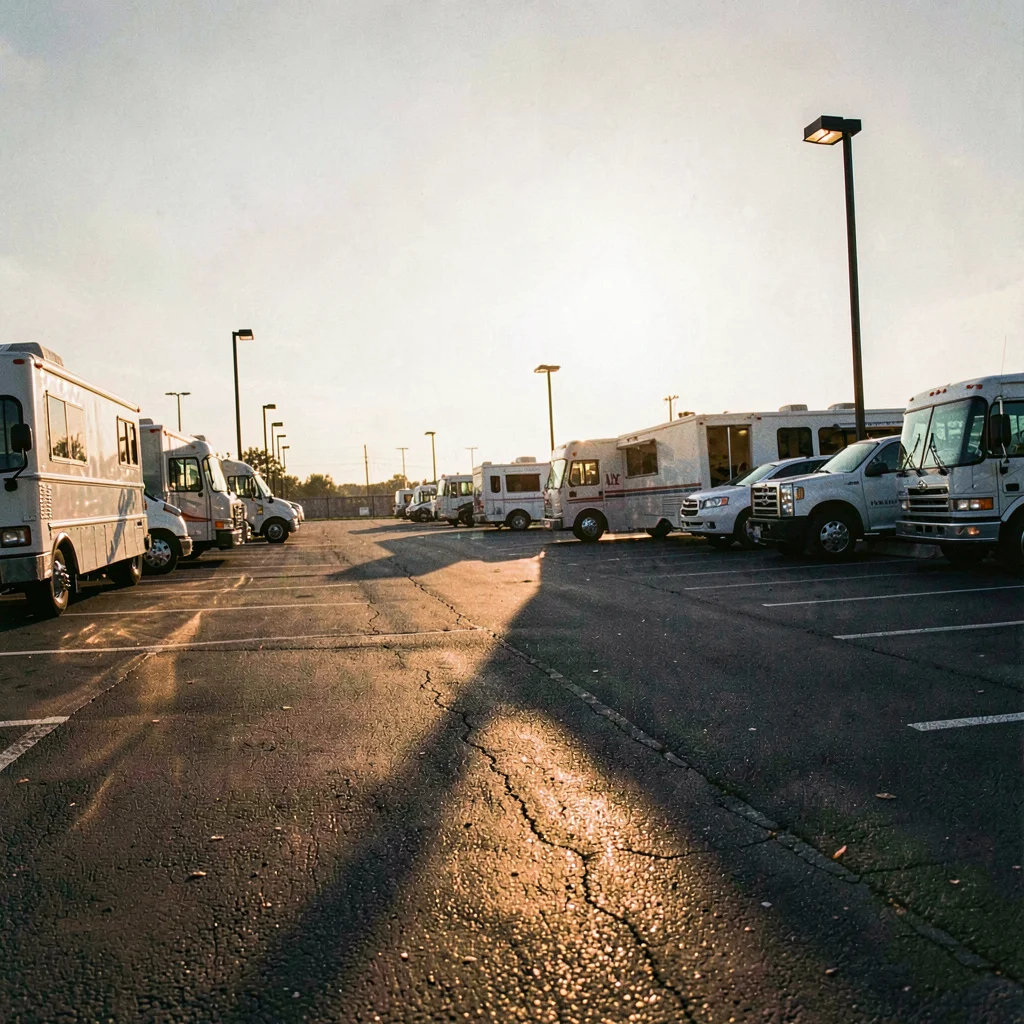 Austin parking lot at golden hour with warm lamp glow on asphalt, long shadows o