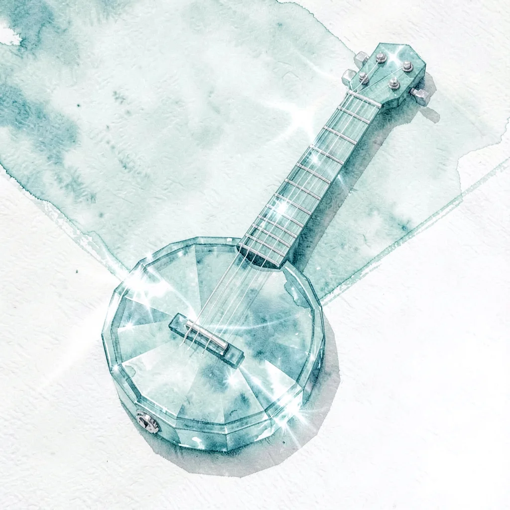 Cut aquamarine lowpoly banjo with a circular faceted body and slim neck throwing