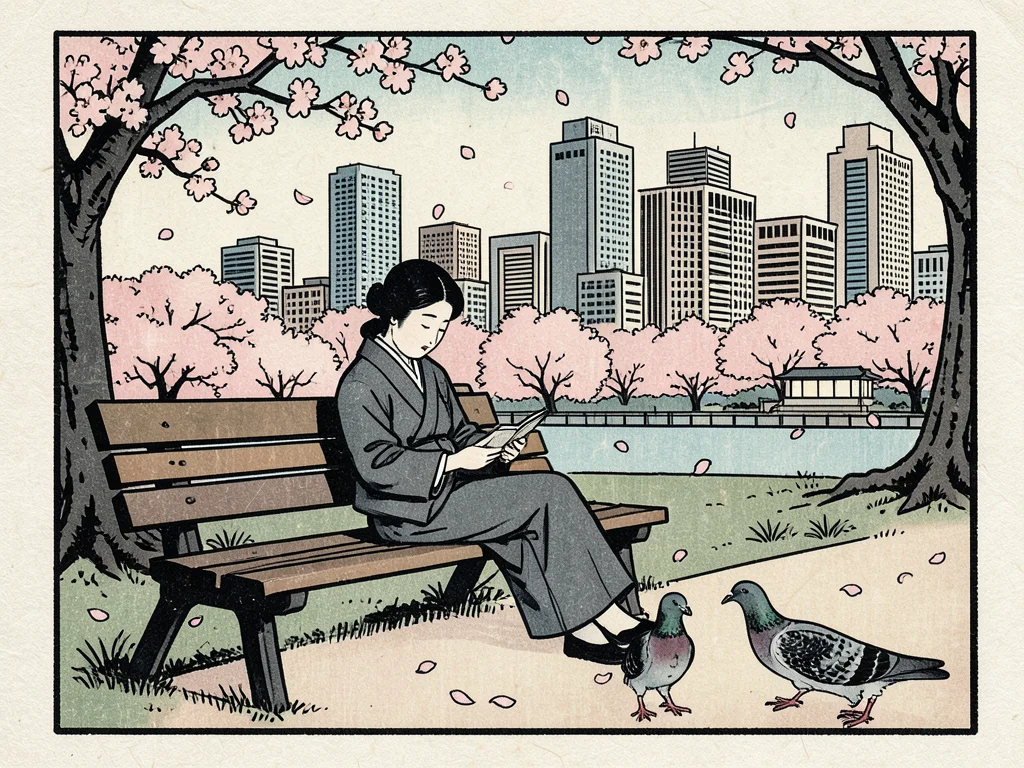 A woman reading on a park bench, cherry petals falling, a skyline of modern buil