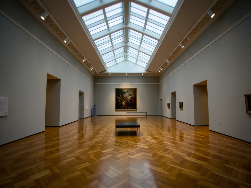 A long gallery with 30-foot ceilings, parquet floors reflecting skylights, a sin