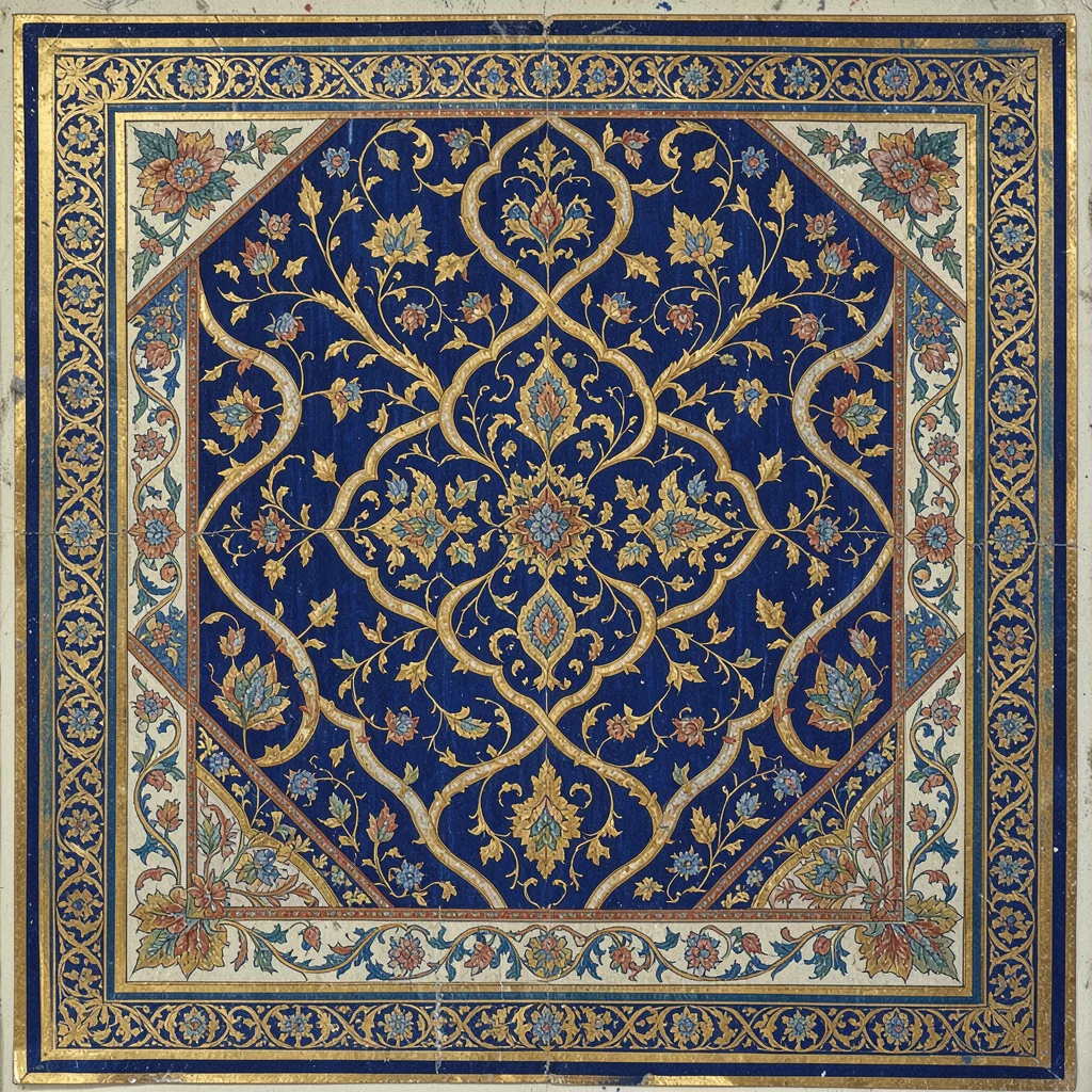 Detail of a richly patterned textile — interlocking medallion and arabesque