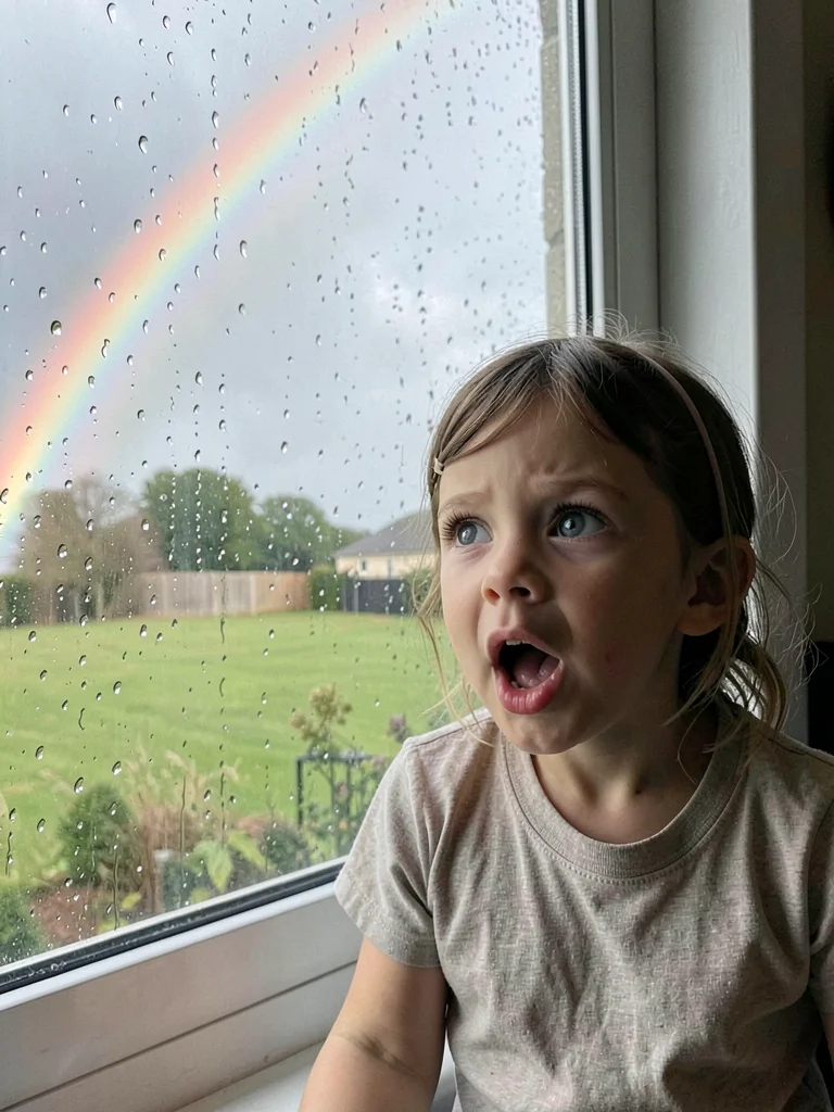 Child seeing first rainbow through rain-spotted window, mouth forming perfect O