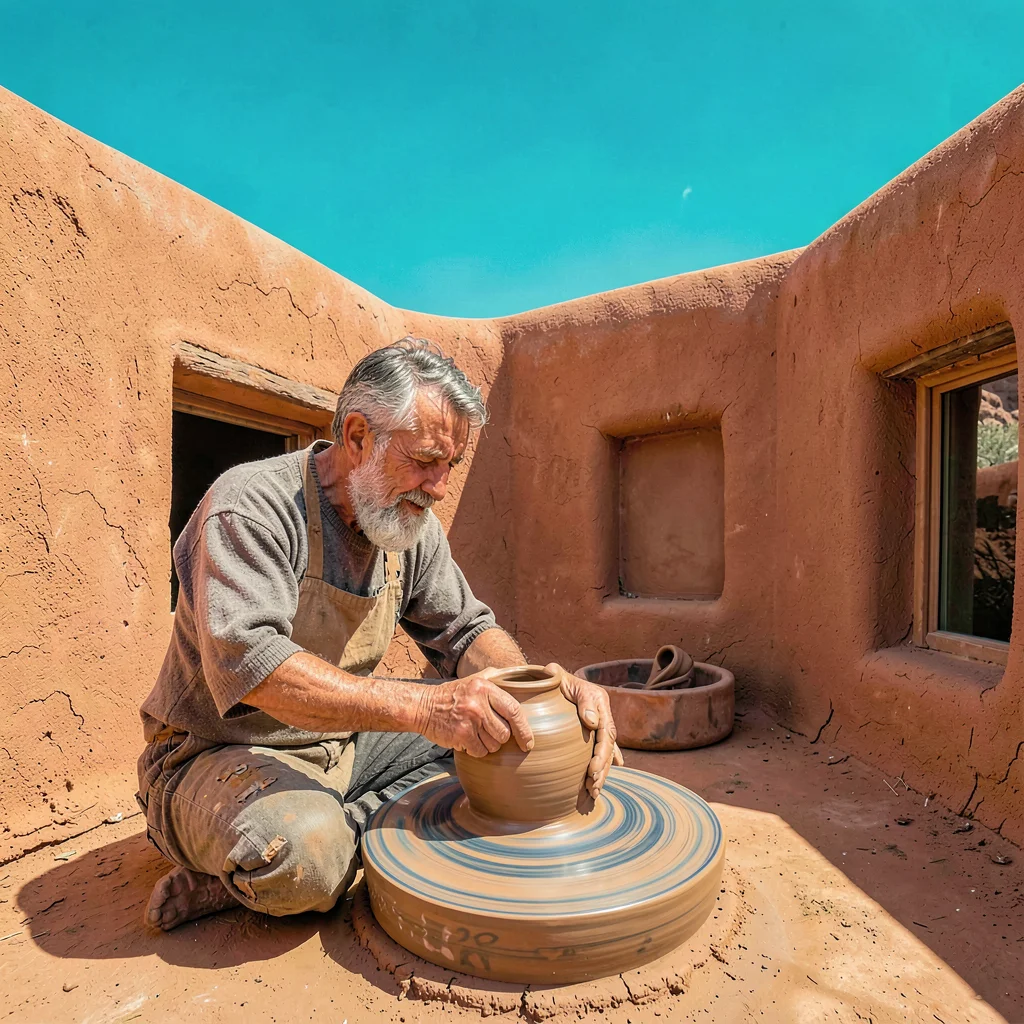 Santa Fe adobe warmth, high desert light clarity, Potter hands shaping clay on a