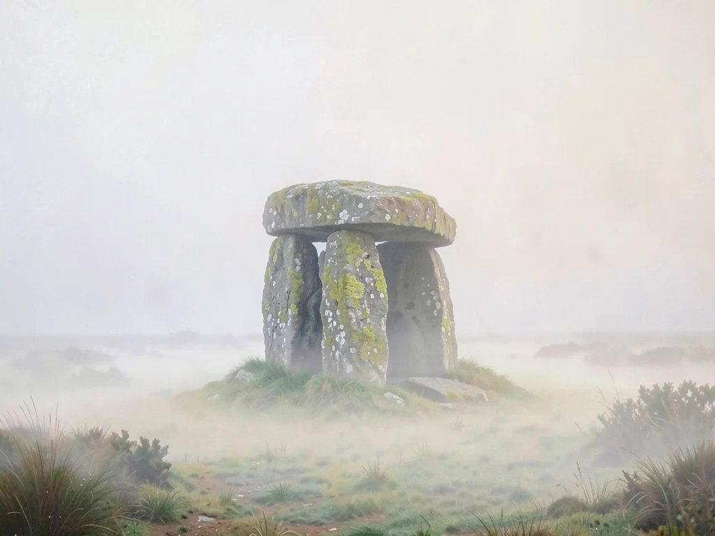 Capstone dolmen squatting on a moor, lichen-spotted, surrounding ground turning 