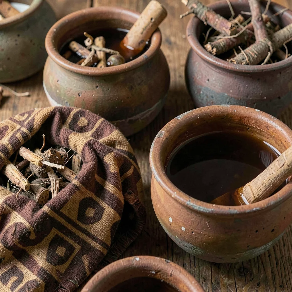 Warm tapa cloth browns and geometric pattern rhythm, Natural dye pots with bark 