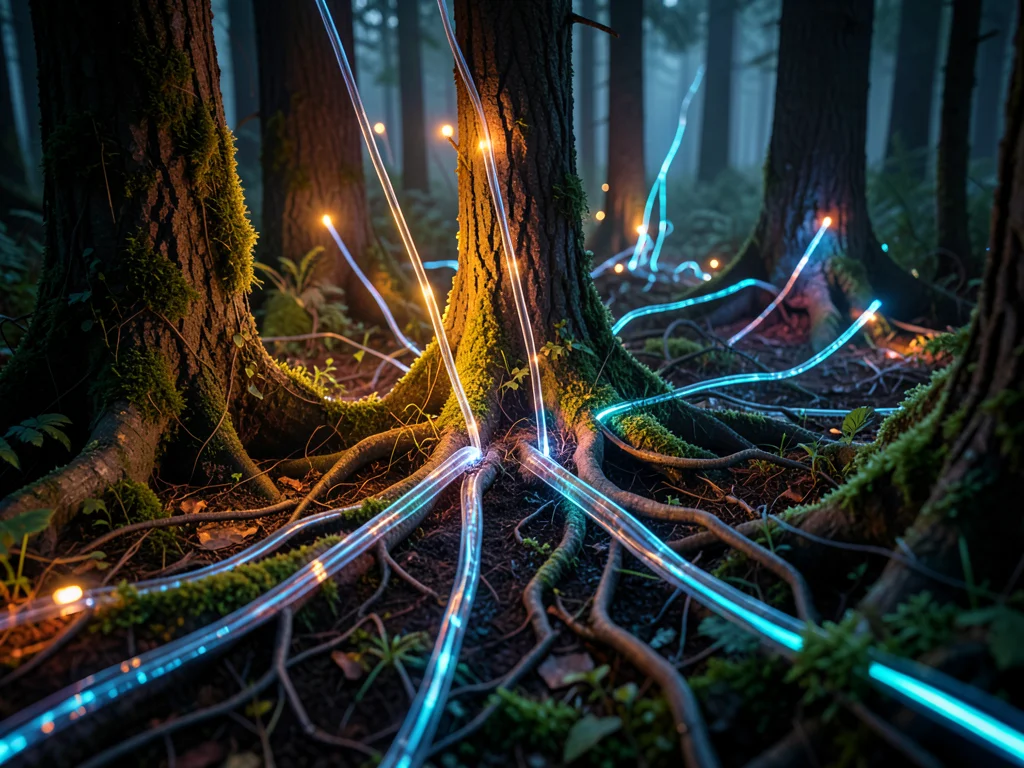 Fiber optic cables emerging from the ground like plant roots, glowing tips, fore