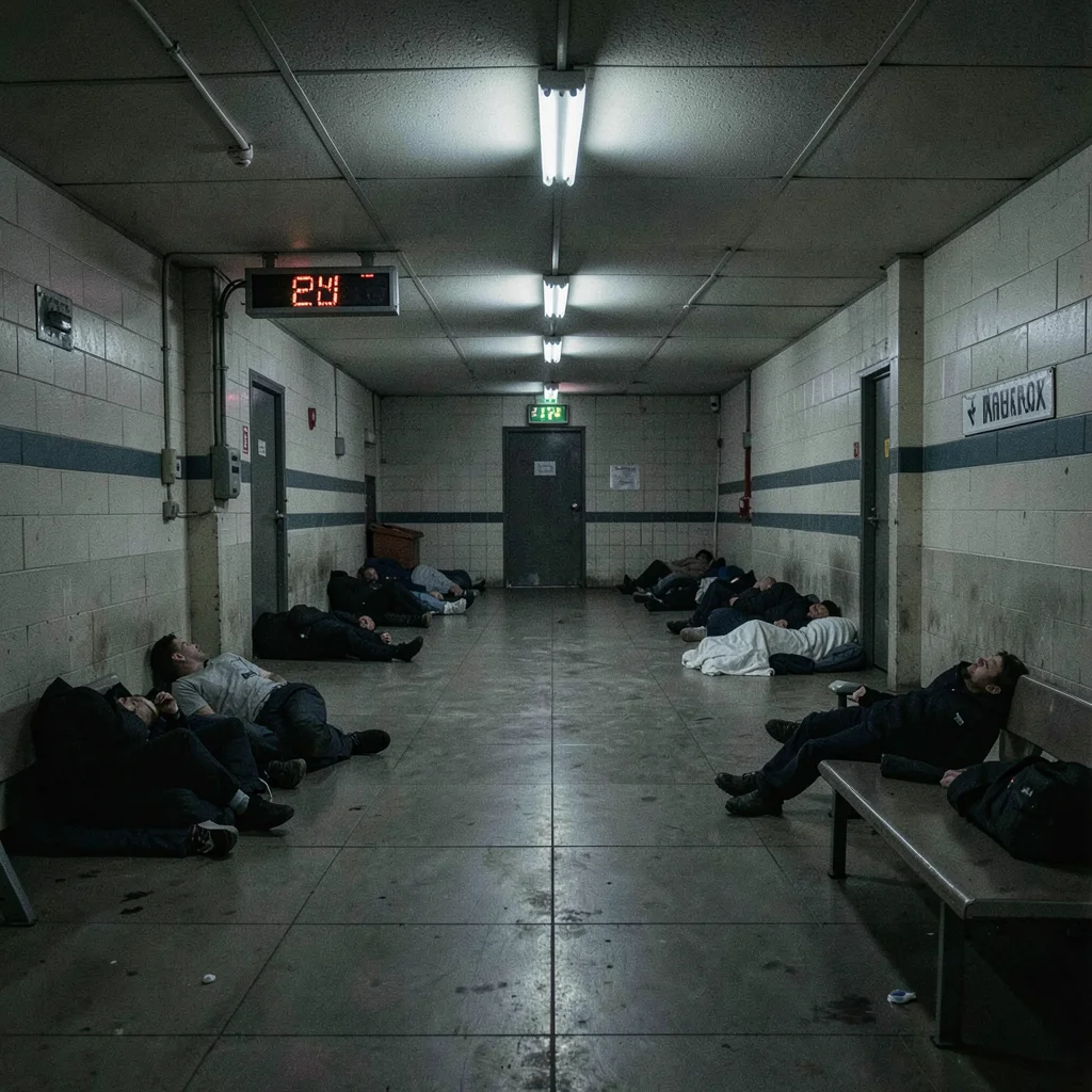 Overnight bus station waiting area with scattered sleepers