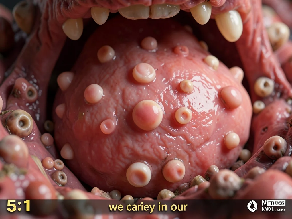 Human tongue papillae at 5:1 magnification, taste bud landscape, alien terrain w