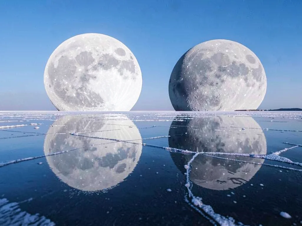 Moon and reflection as two equal disks