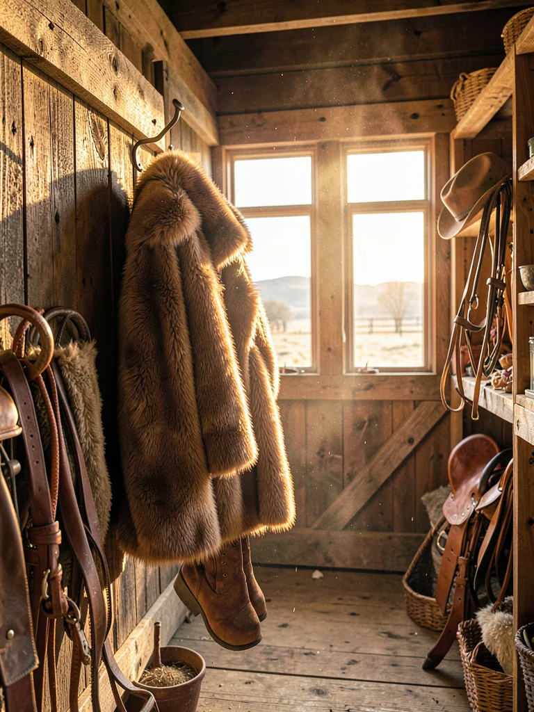 Fendi fur coat on tack room hook, saddles and bridles, luxury outerwear ranch st