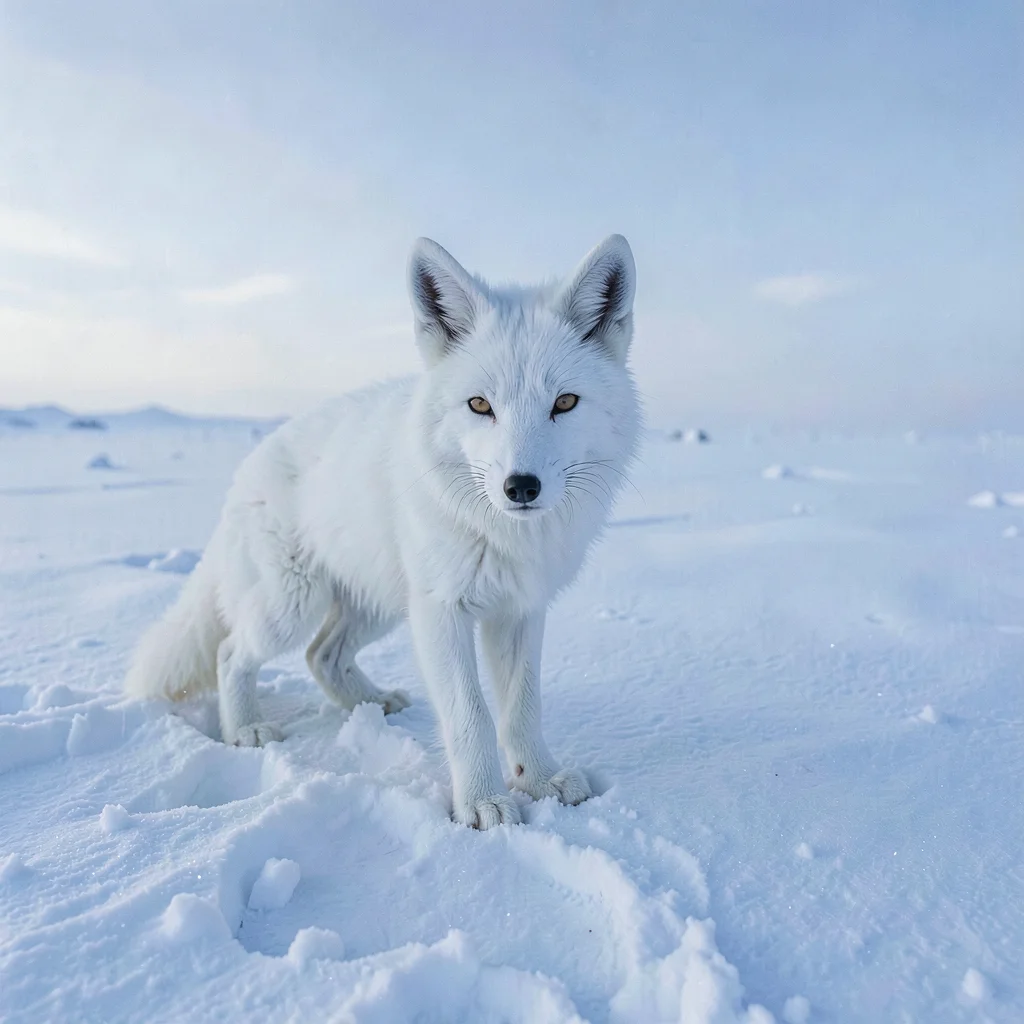 Arctic conditions photograph, extreme cold environment, An Arctic fox in winter 