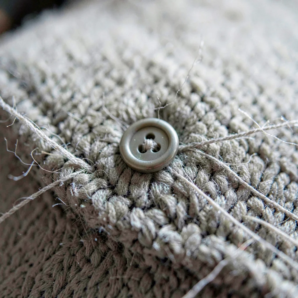 Macro of a small button on a plush belly, thread tails visible