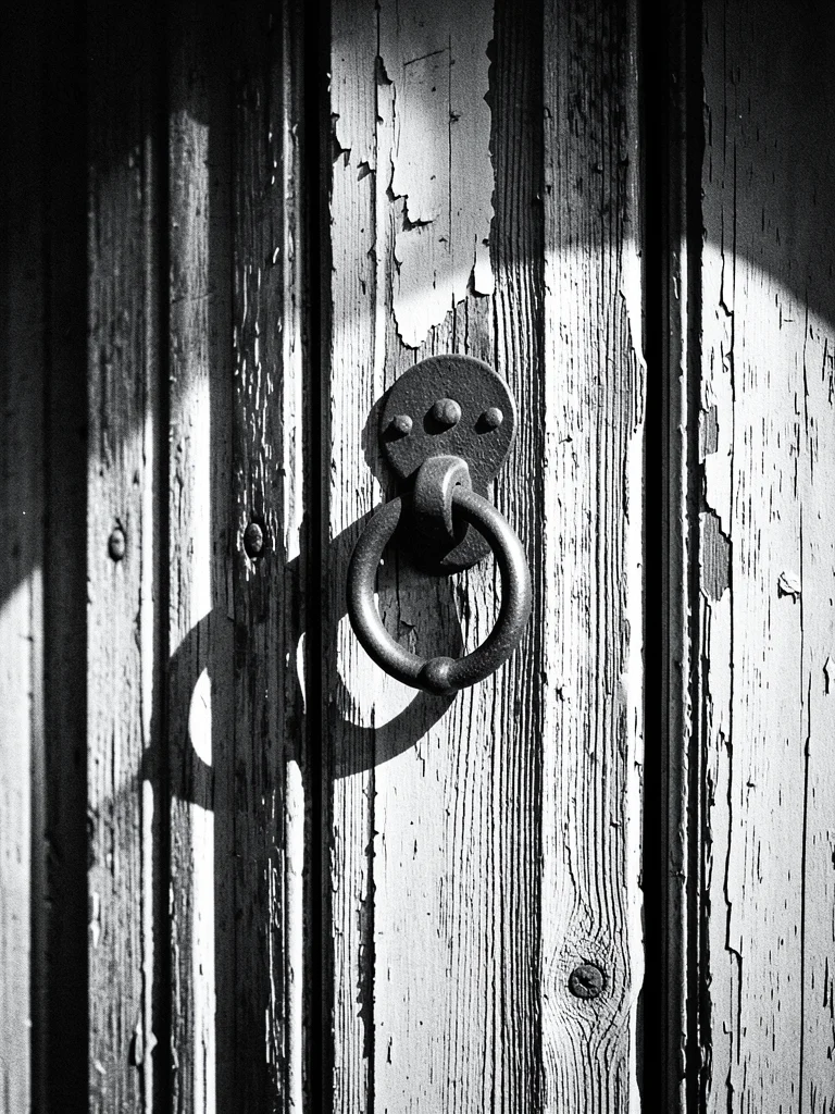 An old wooden door with peeling paint and a heavy iron knocker, deep grain textu