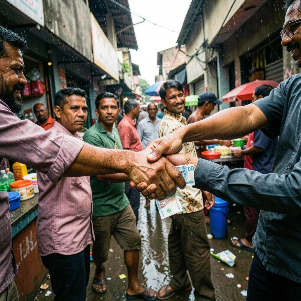 High-energy street photograph, Hands exchanging a quick handshake to seal deal, 