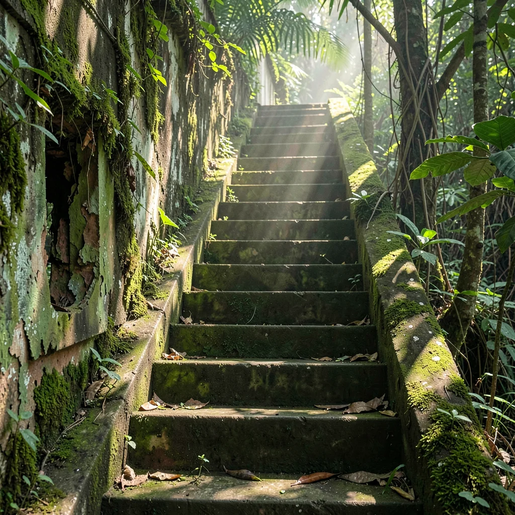 Tropical weathered surfaces, humid atmosphere, Stairway with moss covering the n