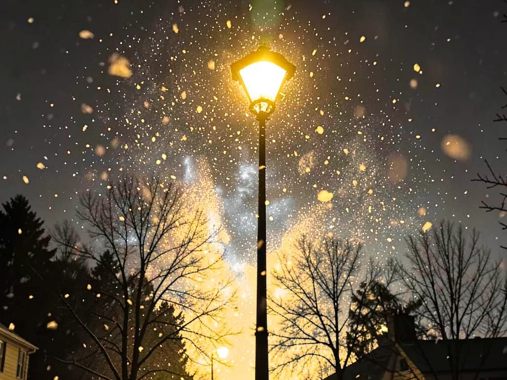Snow falling backlit by streetlight