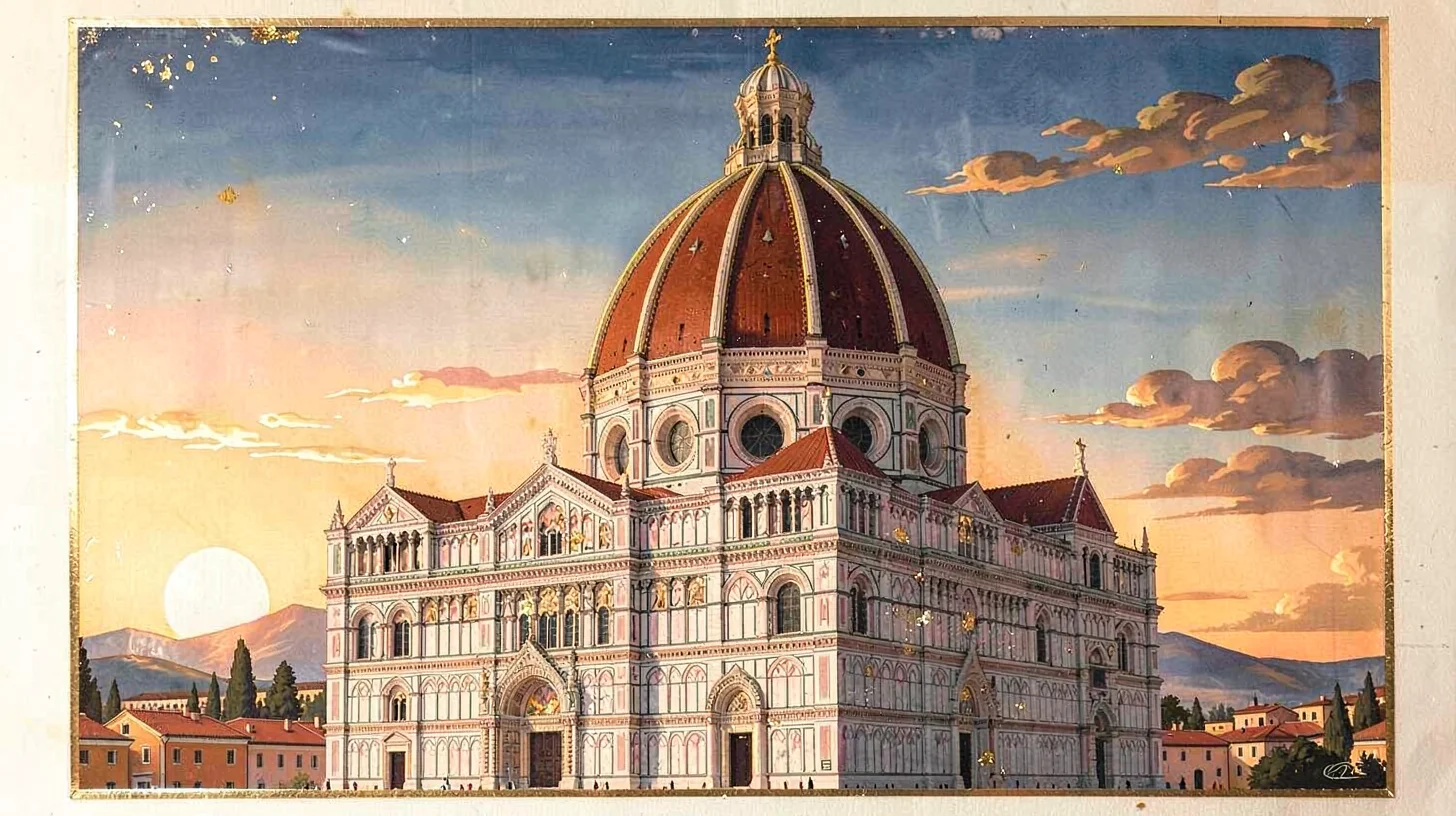 Egg tempera illustration, Florence cathedral dome at sunset , yolk-bound pigment