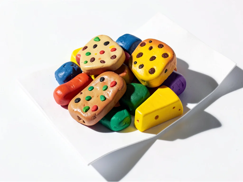 Pile of chunky clay food items including drumstick apple bread and cheese wedge 
