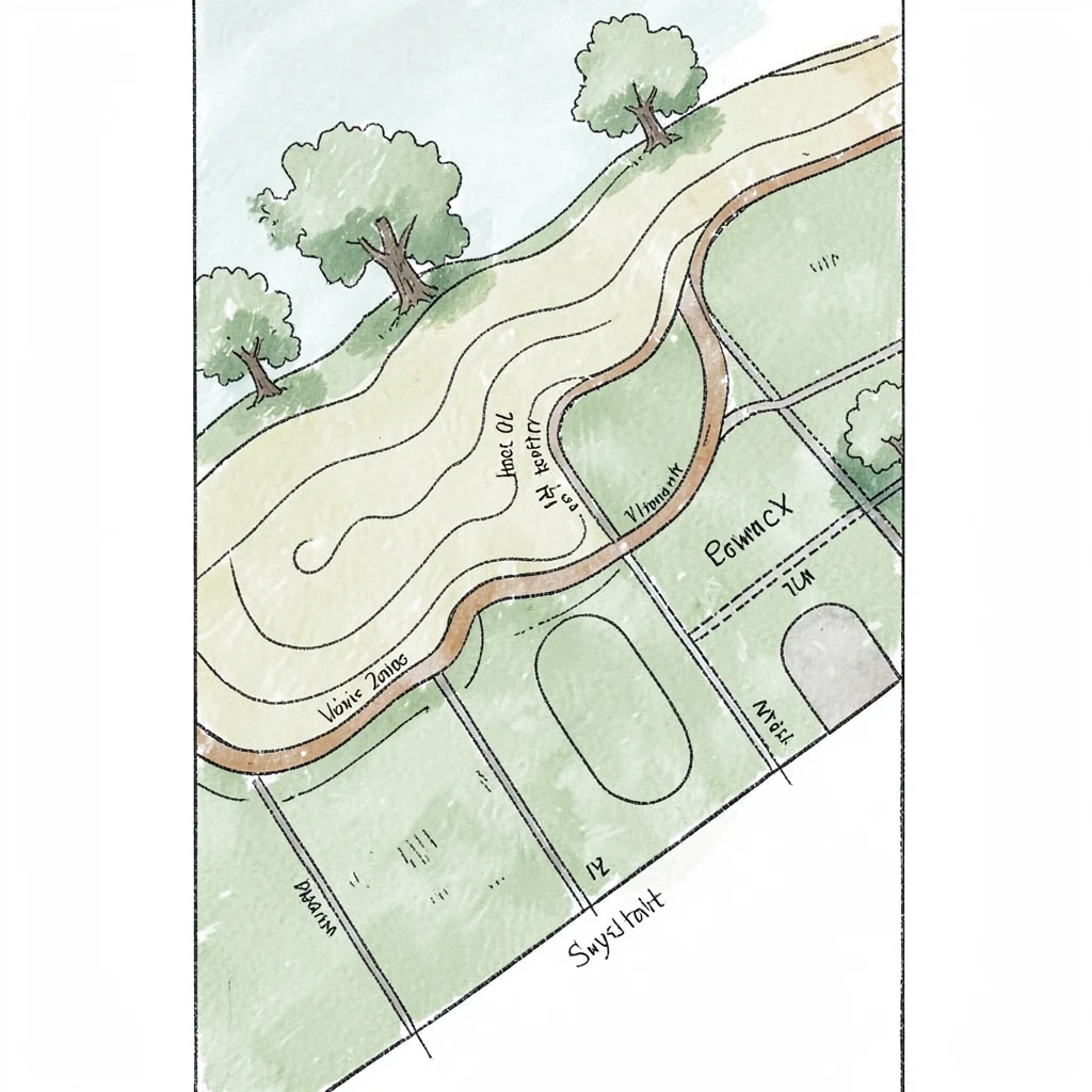 Vertical map of a sloped property showing contours, swales, and planting zones