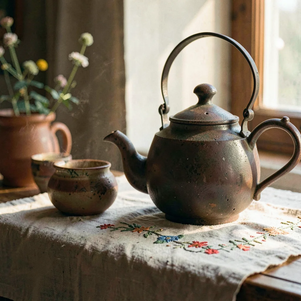 Cassia-warmstack style still-life of a single vintage teapot beside a hand-embro