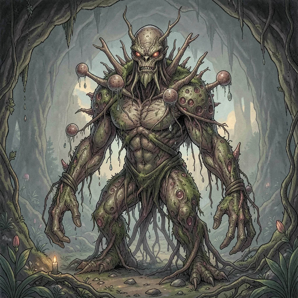 Fantasy creature illustration, a fungal horror creature with spore sacs and root
