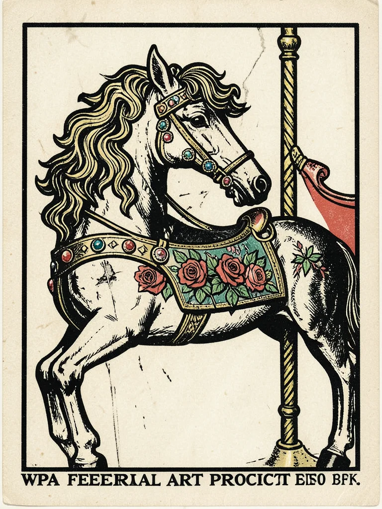 A carousel horse in profile — ornate carved mane, jeweled bridle, twisted brass 