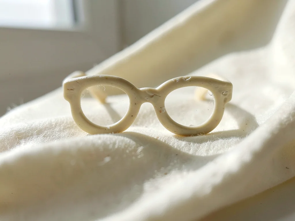 Reading oat-cream pair of glasses with slumped temples and thumb-pressed lenses,
