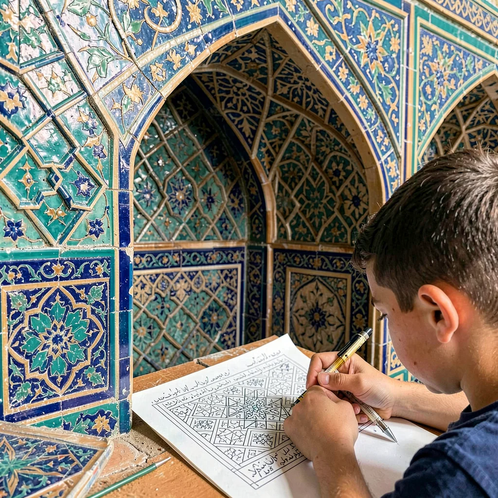 Isfahan Safavid tilework, turquoise geometric infinity, Young apprentice sketchi