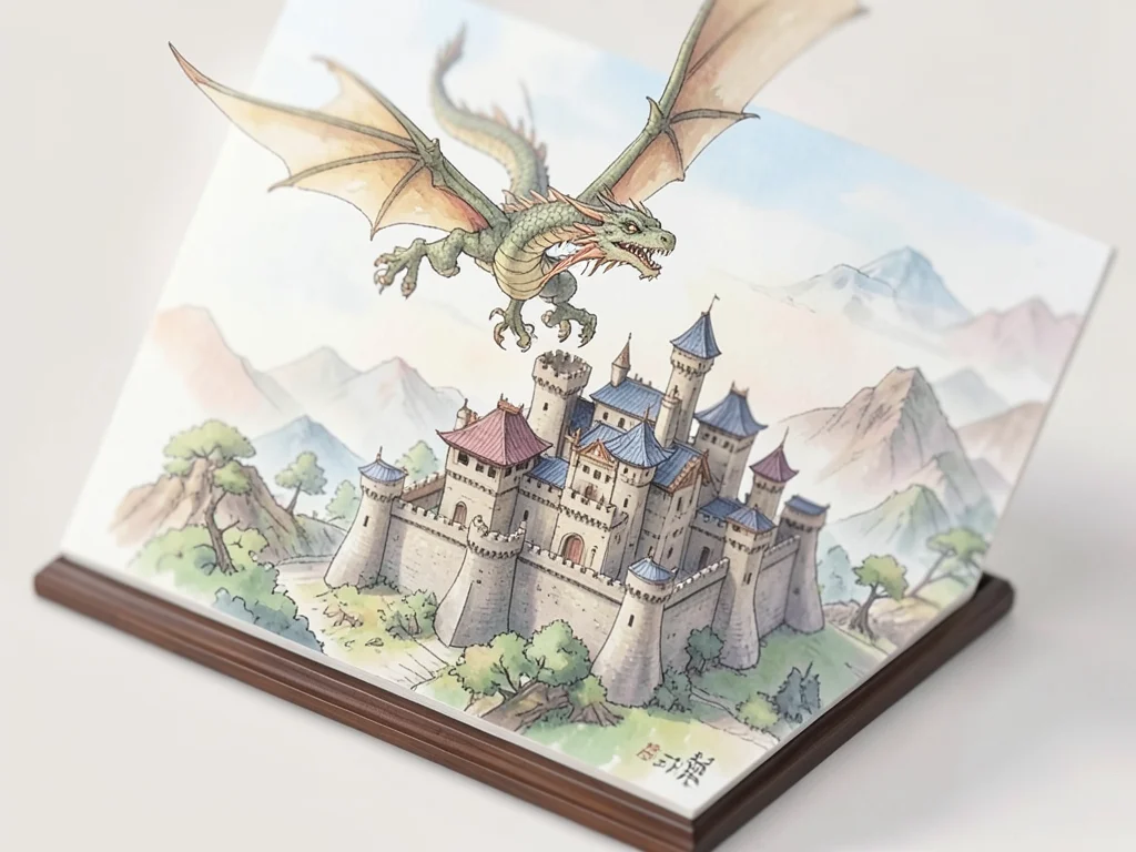 Dragon flying over medieval castle, everything tilt-shifted to look like miniatu