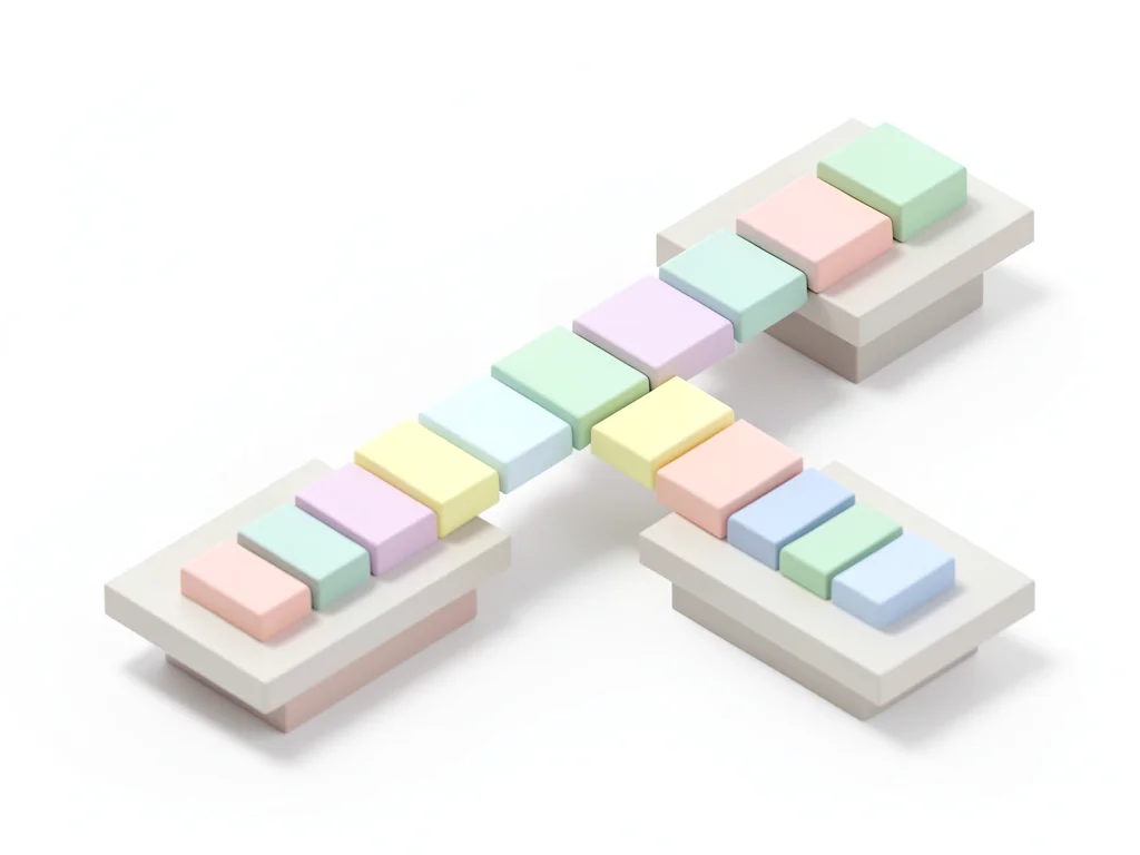 Long isometric bridge of segmented blocks crossing between two floating platform